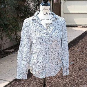 White Black Speckled Dress Blouse Long-Sleeve Size L Beach Lunch Lounge Top
